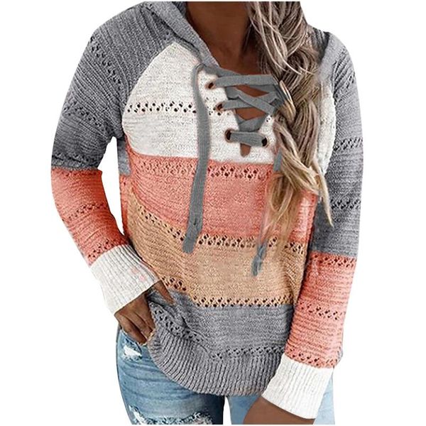 

women's sweaters autumn women casual loose hooded pullovers v neck knitted long sleeve sweater patchwork elegant striped pullover jump, White;black