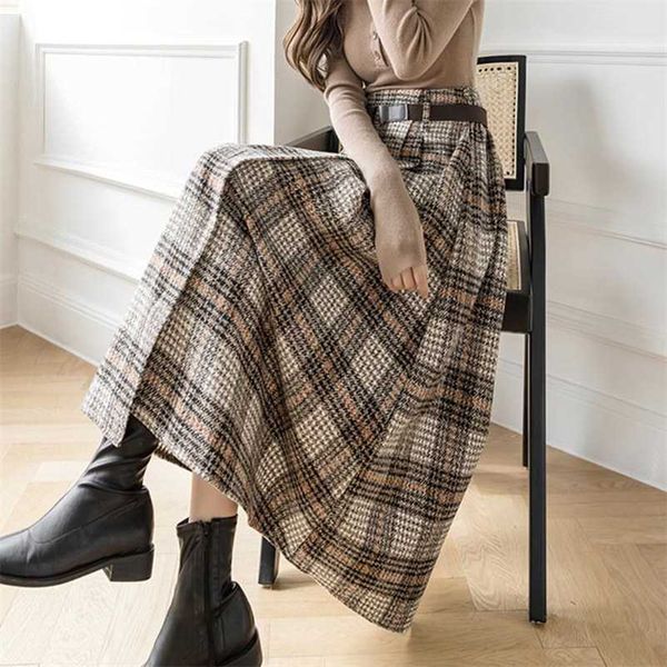 

office ladies vintage autumn winter warm midi long skirt women korean irregular plaid mid-length high waist skirt female belt 211120, Black