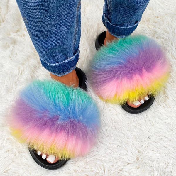 

women fur slides genuine raccoon fluffy slippers furry flat sandals indoor flip flops plush designer shoe, Black