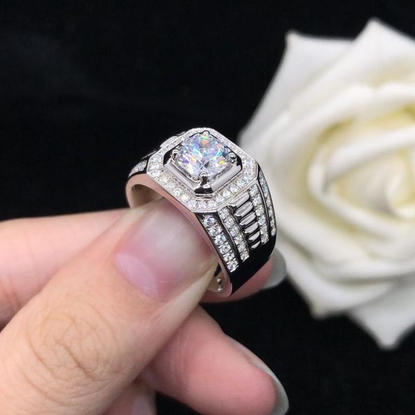 

cluster rings ceremony men ring test positive 1ct 6.5mm d color vvs1 moissanite engagement au750 18k white gold diamond jewelry, Golden;silver