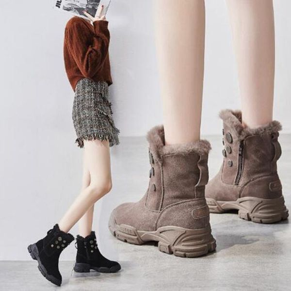 

boots snow women's 2021 versatile winter middle tube plush warmthick soled cotton shoes, Black