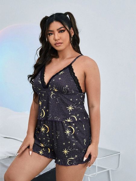 

plus moon & star print lace trim frill hem pj set i7fq#, Black;white