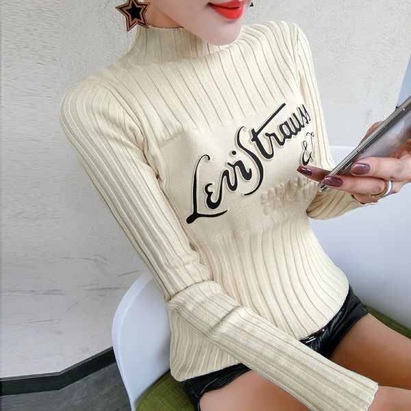 

korean fashion print letter pullover sweater 2021 autumn winter clothes women knitted sueter mujer bottoming shirt m97606, White;black
