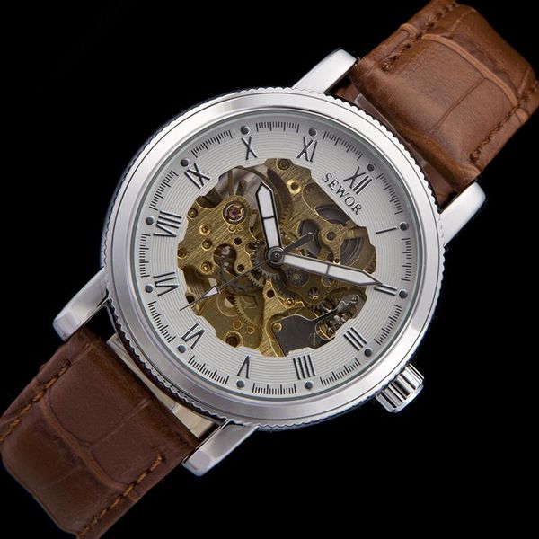 

analog mens fashion leather watch band skeleton mechanical men's automatic men wrist wristwatches, Slivery;brown