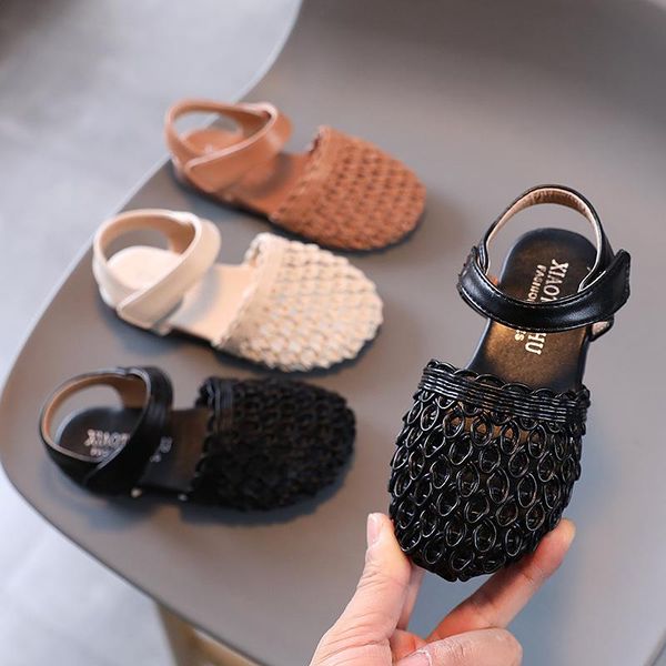 

summer girls sandals solid color woven soft bottom sandal little children kids fashion retro princess shoes, Black;red