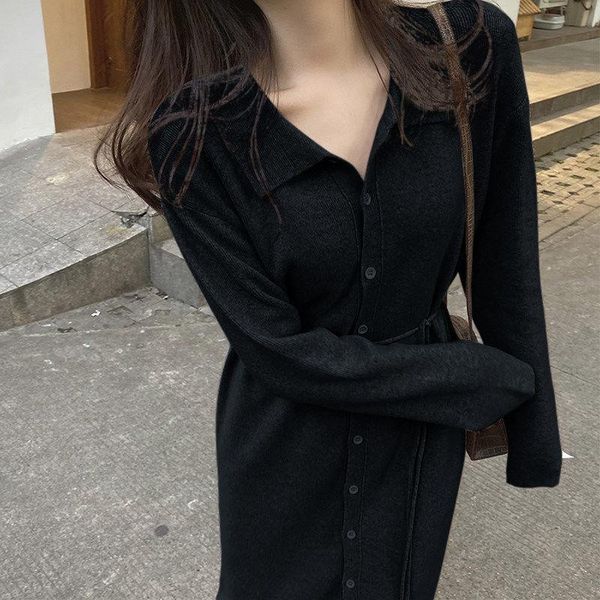 

casual dresses female elegant lapel single-breasted black midi dress sweater women's basic base solid color knitted autumn winter, Black;gray