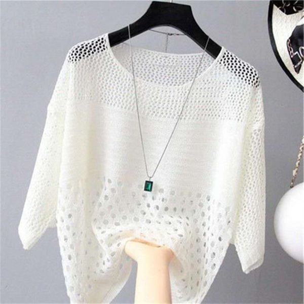 

women's sweaters spring summer women knitted pullovers white striped seven quarter sleeve thin sunscreen hollow out loose basic of, White;black