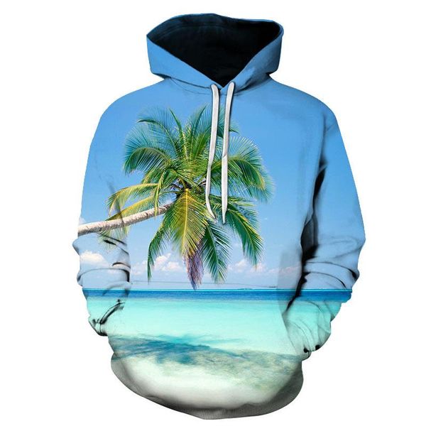 

men's hoodies & sweatshirts 2021 long sleeve sweater 3d beach coconut wave print hooded headband rope leisure and comfortable sports au, Black