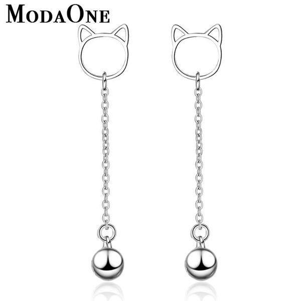 

stud modaone cute cat long tassel 925 sterling silver earrings for women fashion trendy korean jewerly aretes de mujer, Golden;silver