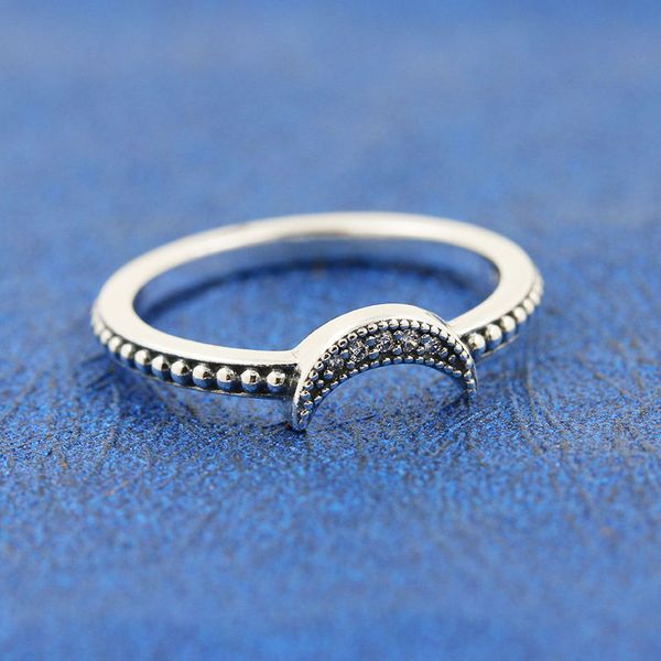 

925 sterling silver crescent moon beaded pave stones ring fit pandora style jewelry engagement wedding lovers fashion ring for women