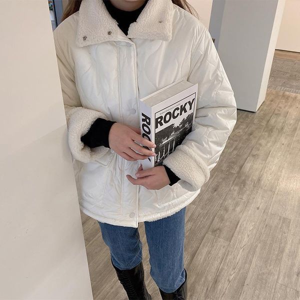 

women's down & parkas [spot] winter 2021 korean dongdamen loose lapel lamb wool coat cotton tie, Black