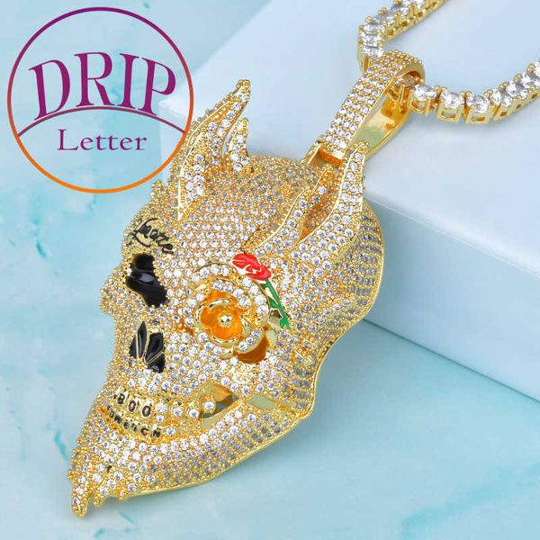 Schädel männer anhänger blume auge gold farbe zirkonia hip hop überzogene halskette rock schmuck x0707