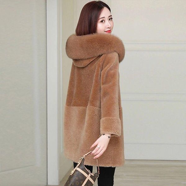 

women's fur & faux jacket plus size long coats 2021 winter fashion sheep cashmere splicing hooded skinny warm jackets woman, Black