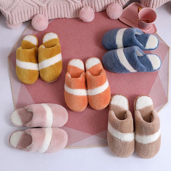 

slippers 2021 couples faux fur striped slipper warm plush non-slip flat slide indoor floor slip-on footwear ladies winter cute shoe, Black