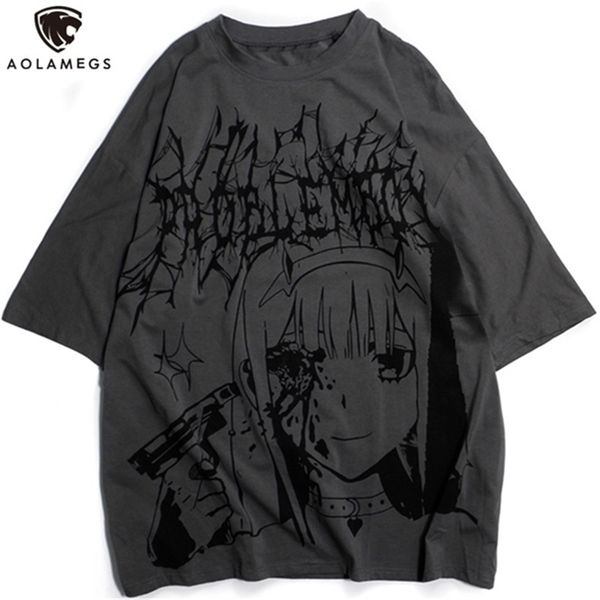 

aolamegs men's t-shirts summer oversized t-shirt anime girl print tee shirts hip hop high street gothic streetwear 220302, White;black