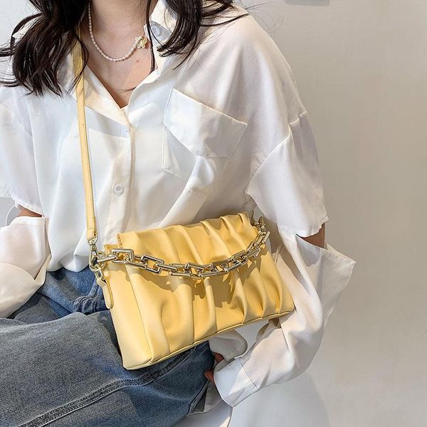 

evening bags folds design trendy pu leather crossbody shoulder bag for women 2021 summer yellow color small cute handbags and purses chain