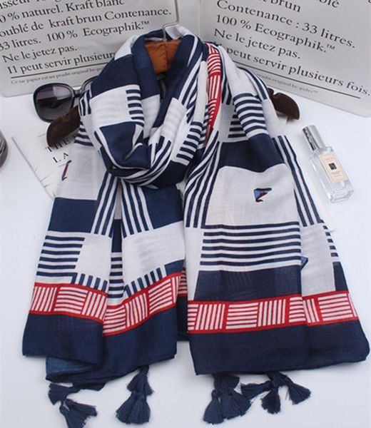 

scarves scarf fashion women's cotton and linen lattice sailing pattern print beach travel holiday sunscreen shawl, Blue;gray