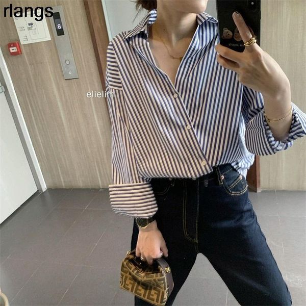 

women's blouses & shirts shirt female design sense spring and autumn retro hong kong style striped loose long-sleeved outer wear all-ma, White