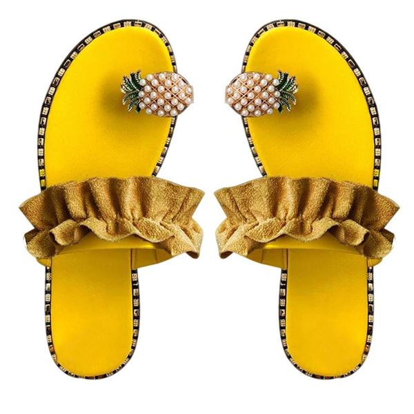 

womens fashion pineapple open toe ring sandals wild flat slippers for summer beach fs99, Black