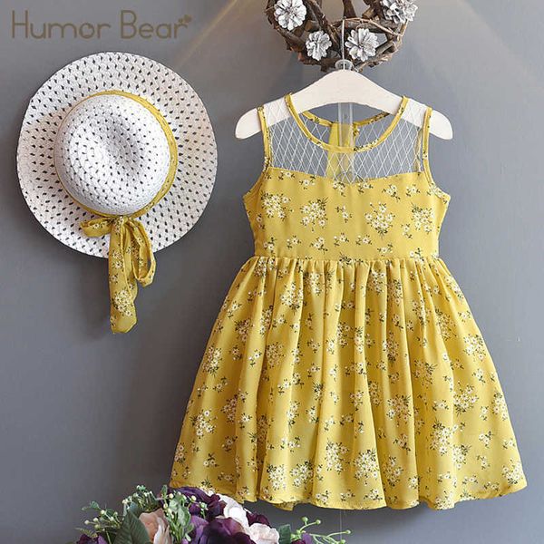 

humor bear girls clothes sets summer new flower pattern dress+sun hat girl flower design splicing gauze layered dress x0902, White