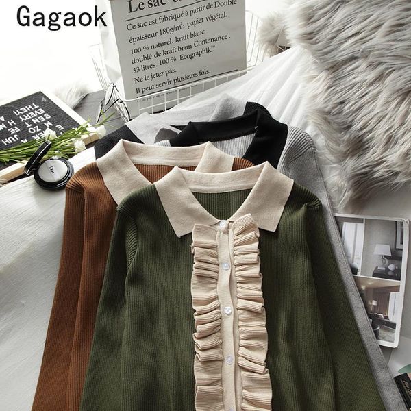 

women's sweaters gagaok women korean knitted 2021 spring autumn sweet full lapel patchwork ruffles slim chic wild pullovers, White;black