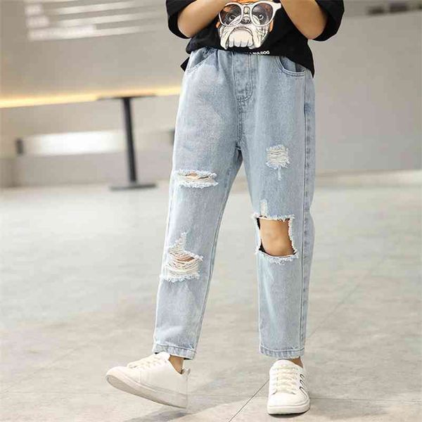 

fashion broken hole kids jeans autumn boys girls casual loose ripped jeans children jeans trousers children kids clothes 2-7t 210317, Blue