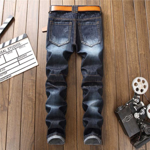 

men's jeans jeans men streetwear ripped slim fit design straight biker motorcycle hip hop holes casual cotton denim trousers r4f1, Blue