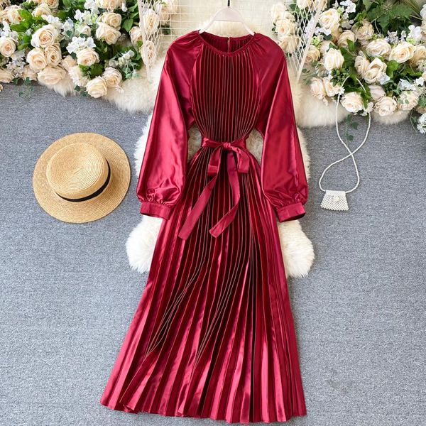 

elegant women satin dress fashion spring autumn long sleeve maxi vintage bright party pleated vestidos casual dresses, Black;gray