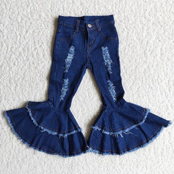 

wholesale fashionable baby girls denim blue bell bottom kids boutique children toddler flared pants double lace jeans