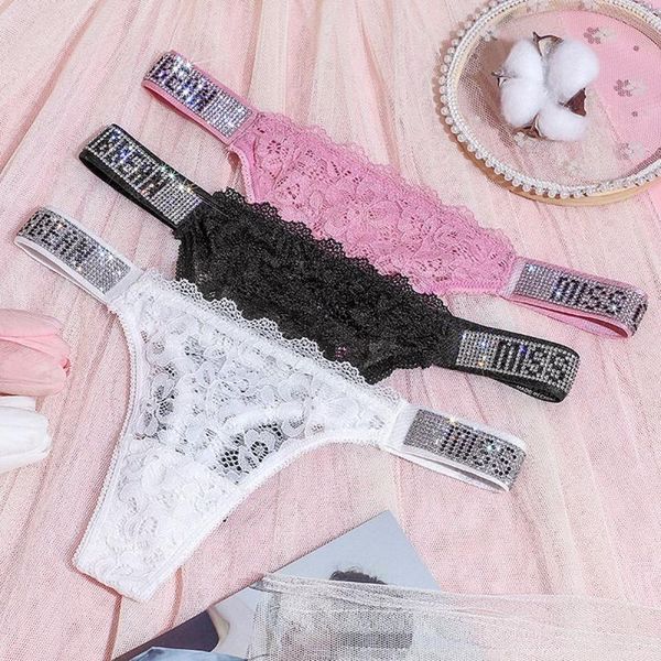 

women's panties underwear temptation hollow lace rhinestones low-waist seamless thong briefs for female, Black;pink