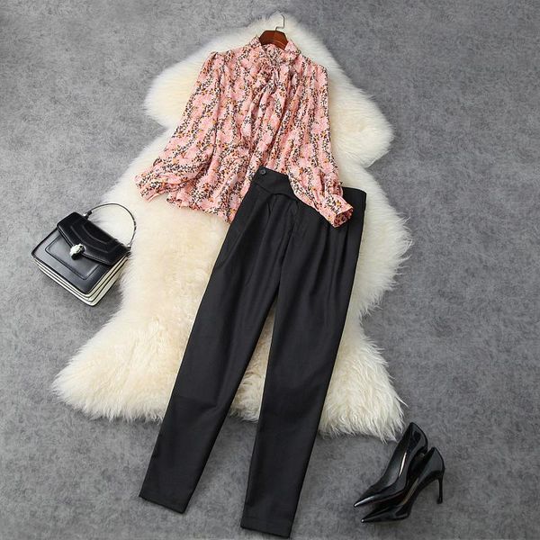 

women fashion full sleeve print pants suit women's two piece, White
