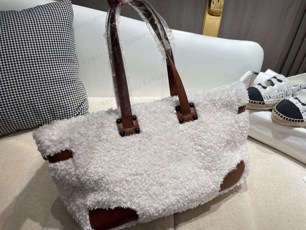 

matching box designer women's white lamb hair shopping bag size 34*24cm