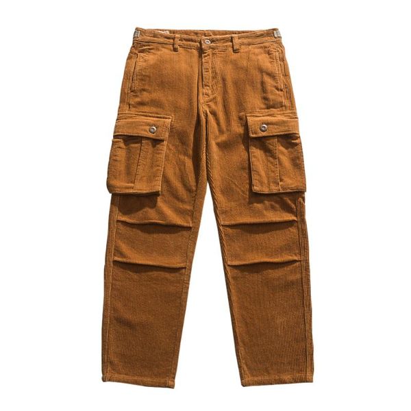 

men's pants solid color corduroy trousers mens amekaji multi-pocket cargo retro casual loose straight-leg men, Black