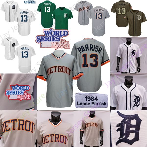 

13 lance parrish jersey 1984 grey cooperstown ws patch green white player size s-3xl all stitched embroidery, Blue;black