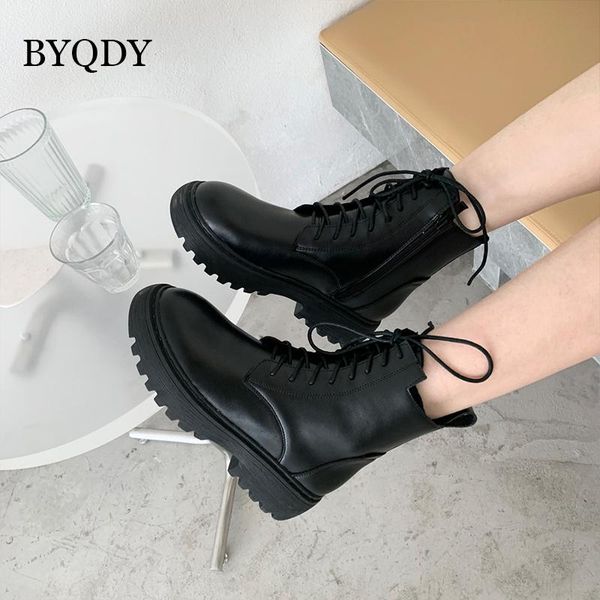 

boots byqdy female leather ankle lace up shoes round head woman heels footwear platform motorcycle winter couple, Black