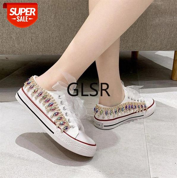 

women sneakers beaded crystal shoes canvas leisure lace-up low black white basket femme #x30i