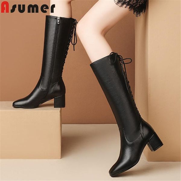 

boots asumer 2022 arrive knee high women genuine leather heels riding cross tied zip fashion shoes ladies, Black