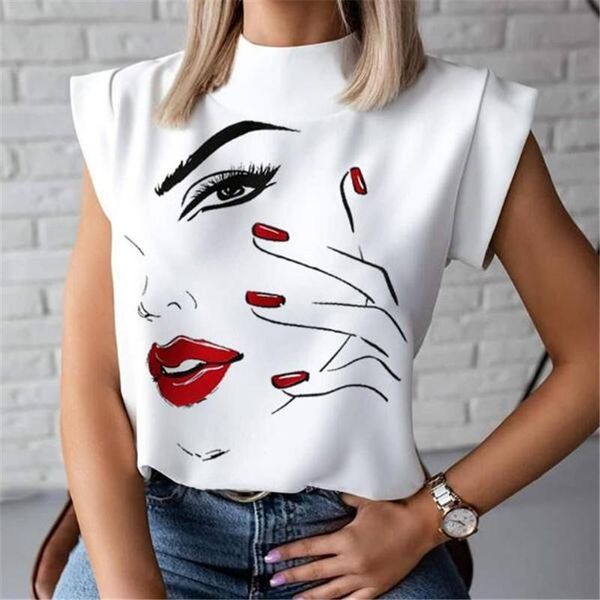 

lips printed harajuku women t shirt summer casual stand neck elegant pullovers ladies fashion ol short sleeve, White