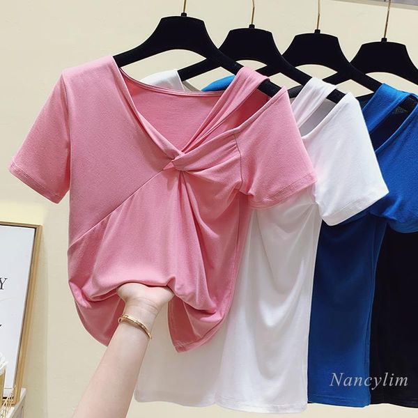 

women's t-shirt 2021 summer slim-fit off-shoulder t shirt korean-style hollow short sleeve v-neck all-matching t-shirts small, White
