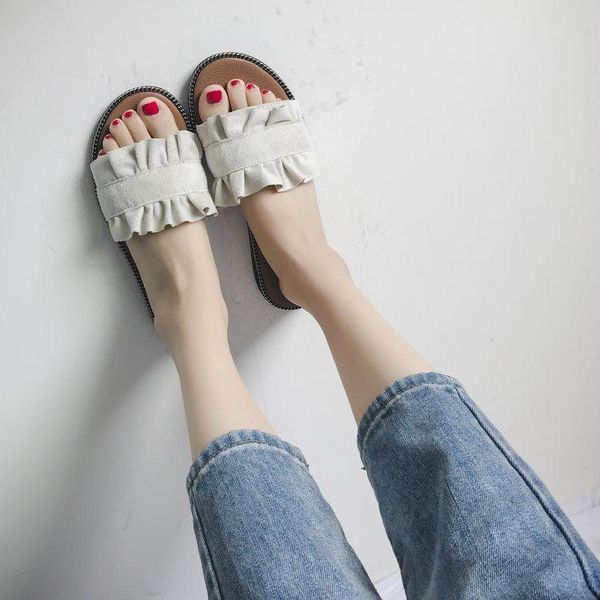 

slippers 2021 summer ruffles sandals women fashion flock flat ladies casual elegant outside slides size 35-40, Black