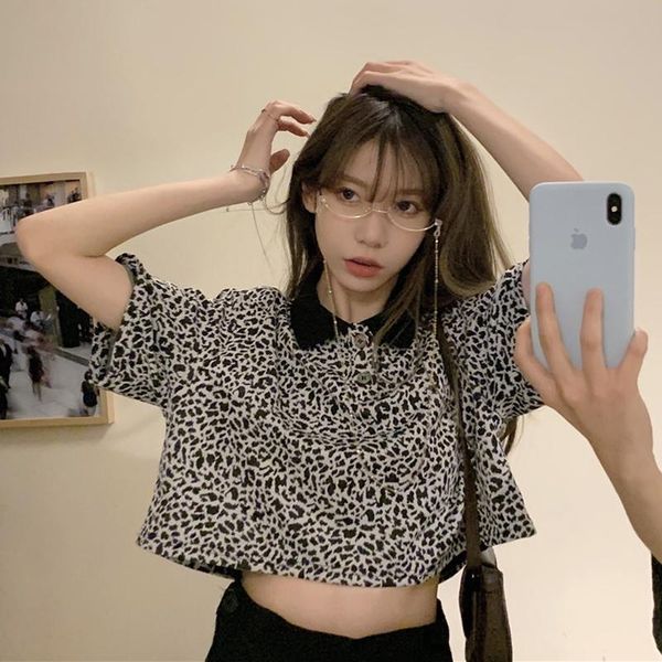

women's t-shirt ladies vintage loose summer style crop fashion brand clothing leopard t shirts turn-down collar tees female, White