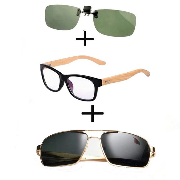 

sunglasses 3pcs comfortable wooden squared frame reading glasses for men women + alloy polarized outdoor clip, White;black