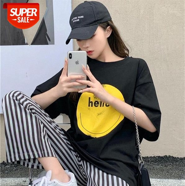 

korean version of all-match smiling face t-shirt women + striped wide-leg pants casual trendy #os04, Black