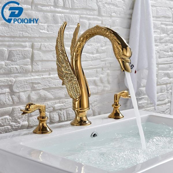 

bathroom sink faucets swan shape golden faucet dual handle washbasin taps deck mounted mixer brass tap1