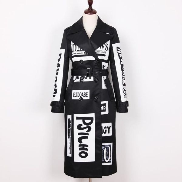 

women's wool & blends printed letter fashion pattern loose belt casual temperament windbreaker coat can customized big size, Black