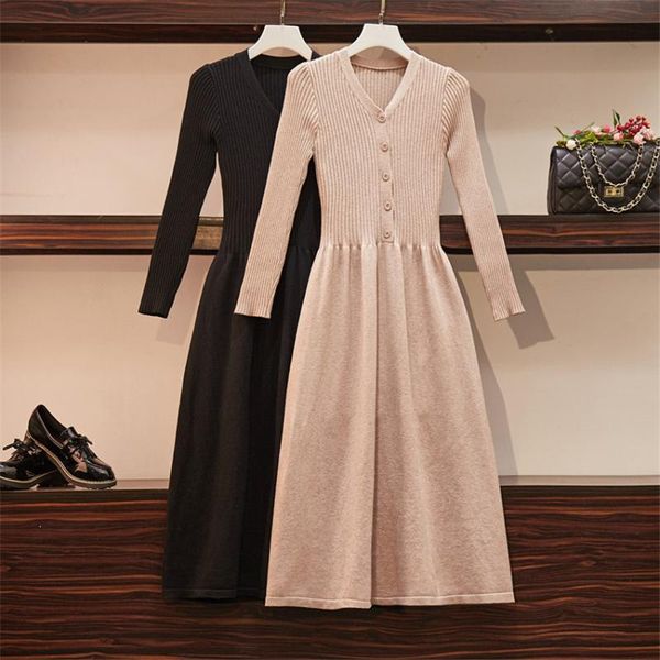 

casual dresses spring women high waist knitted winter fashion big size lady v-neck knitting dress loose vestidos bottomings 1104, Black;gray