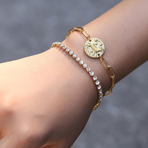 

charm bracelets 12 constellations coin for women girls zodiac sign stainless steel paperclip link chain fashion jewelry ldb334, Golden;silver