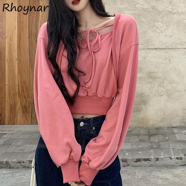 

women's hoodies & sweatshirts cropped women fake 2 piece square collar design ulzzang chic sweet slim all-match casual streetwear femal, Black