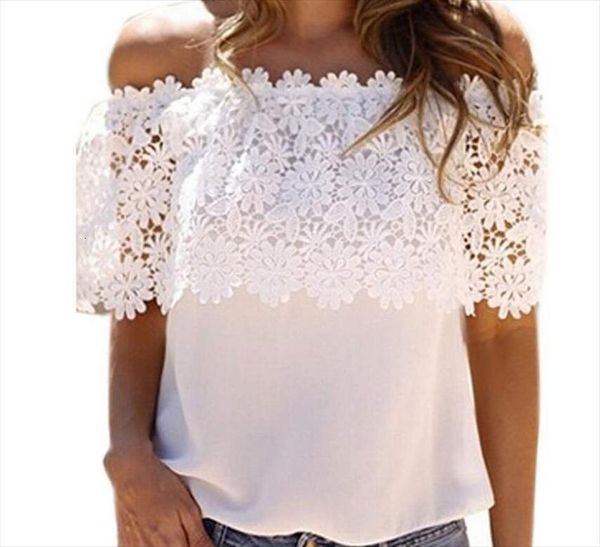 

s 6xl summer solid white womens shirts off shoulder chiffon lace floral plus size