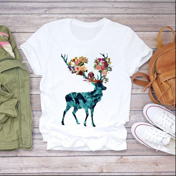 

flower christmas deer floral women t shirts cute printing 90s print graphic tee, White